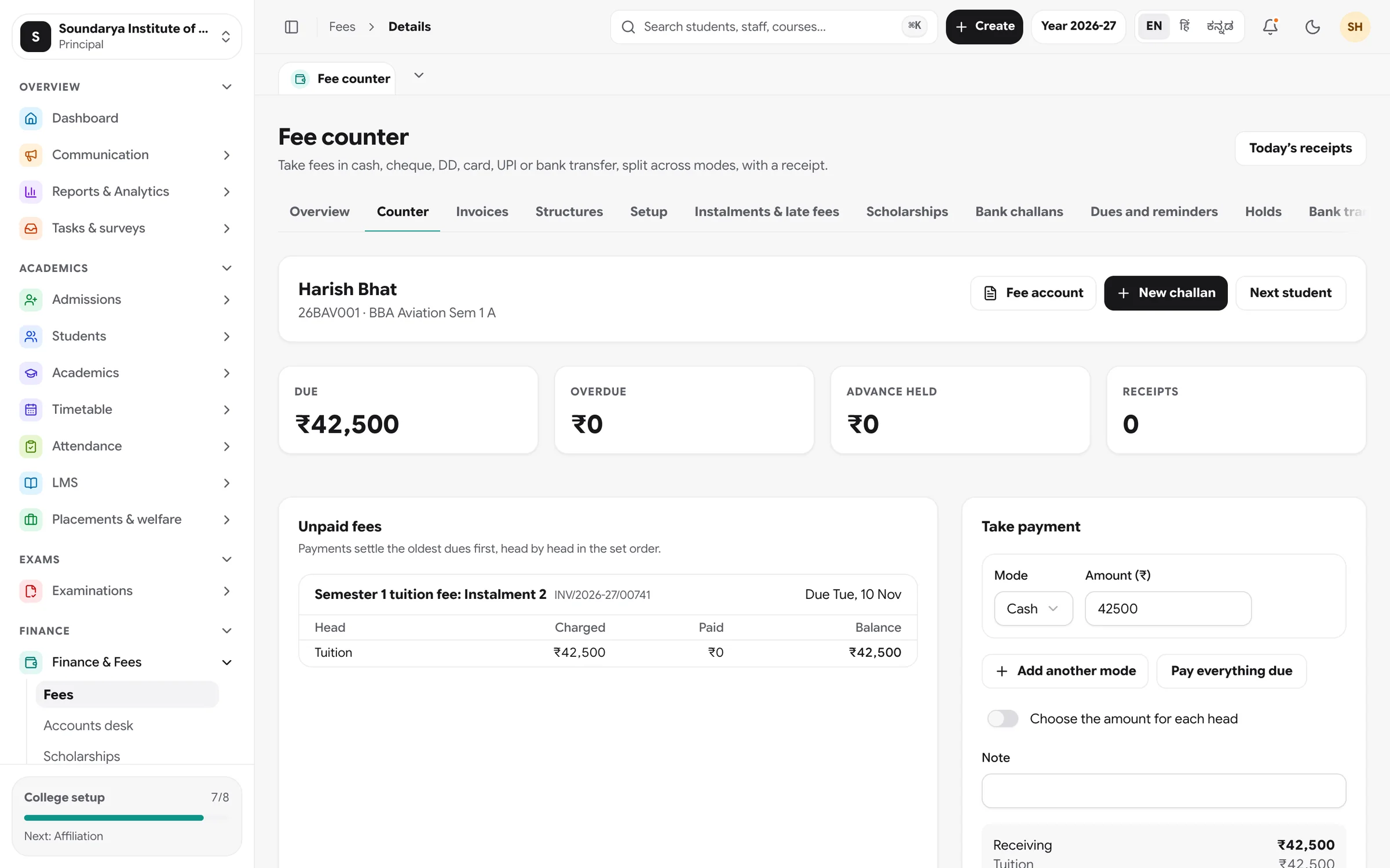 Zynetix fee counter: dues, instalments and payment